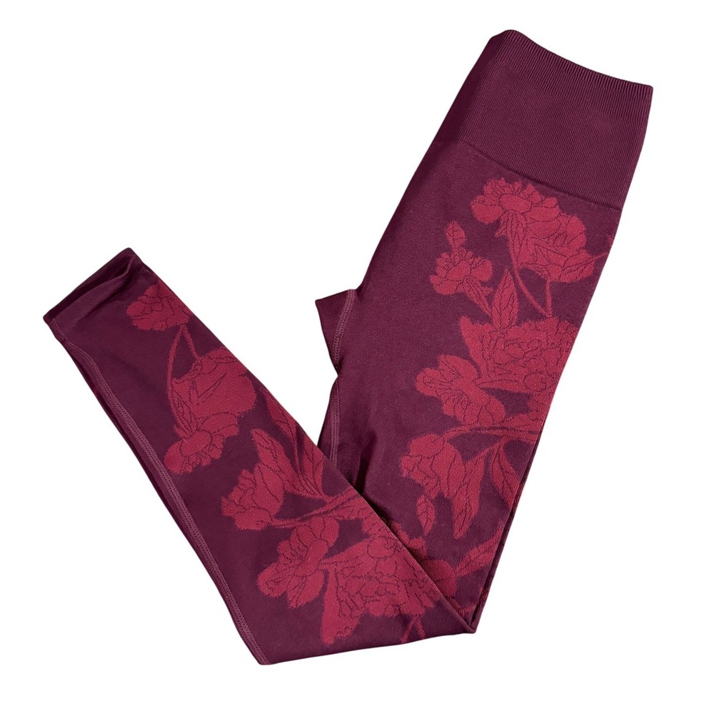 FABLETICS Floral Seamless Leggings Womens Appx XXS Burgundy High Waist Stretch